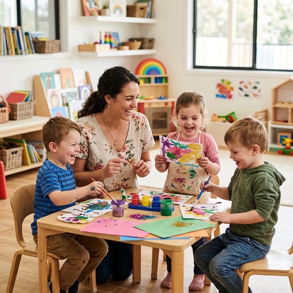 Éducatrice et enfants heureux en classe