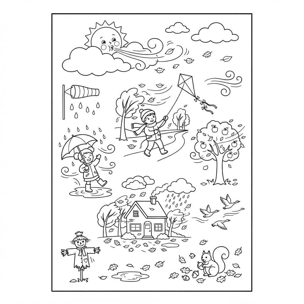 Le vent et la météo de septembre - Coloriage 1