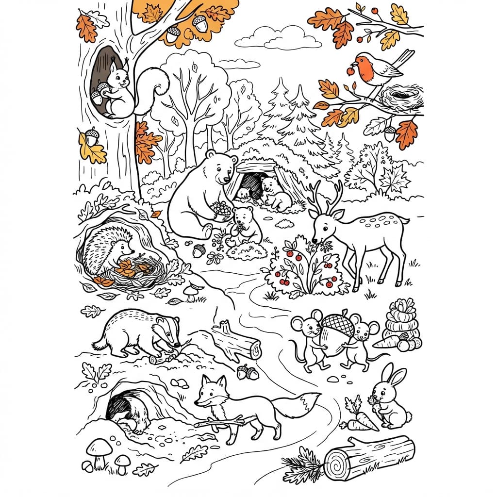 La forêt se prépare pour l'hiver - Coloriage 1