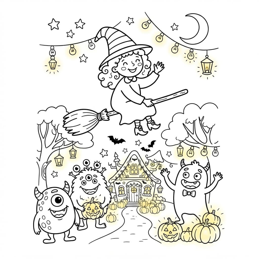 La Semaine douce et lumineuse des gentilles sorcières et des monstres rigolos - Coloriage 1