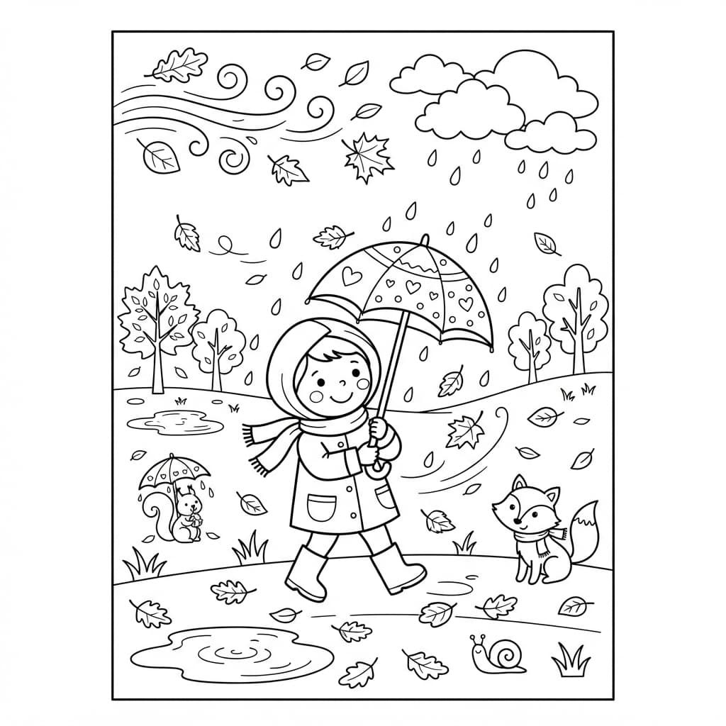 Petite pluie et vent d'automne - Coloriage 1