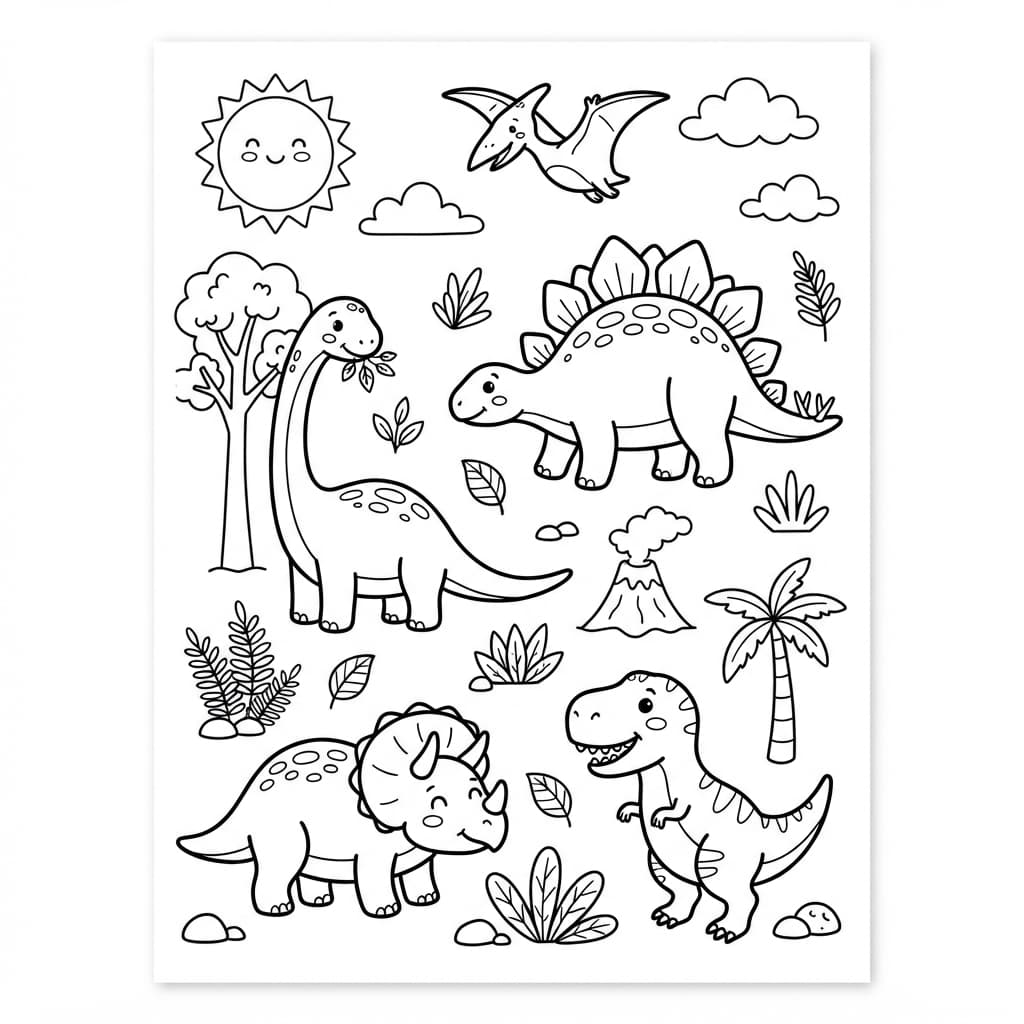 Les Petits Explorateurs de Dinosaures - Coloriage 1